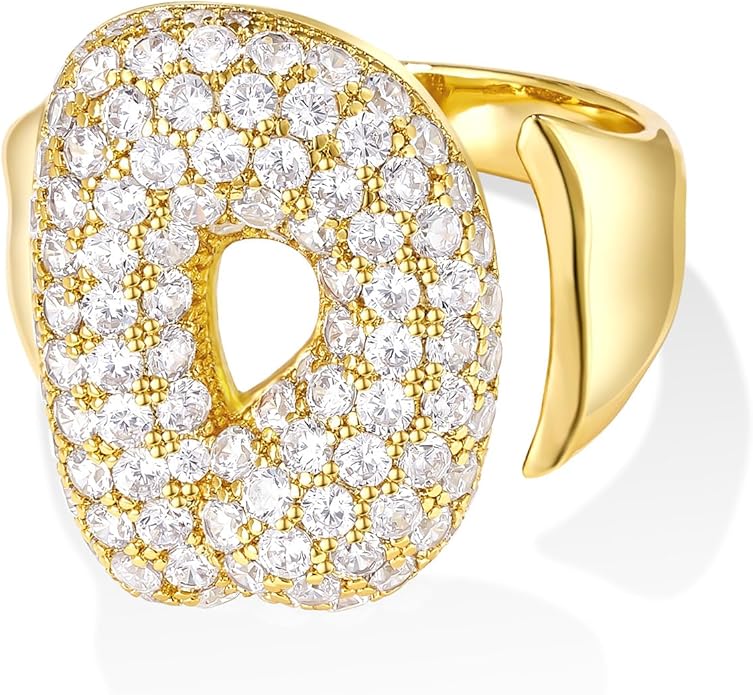 KissYan Bubble Initial Ring for Women, 14K Gold Plate Balloon Jumbo Letter Rings Open Adjustable Dainty Pave CZ Personalized Fashion Jewelry Gift for Mother's Day