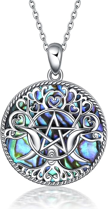 YFN Triple Moon Goddess Necklace Sterling Silver Pentagram Pentacle Opal Pendant necklace Pagan Wiccan Magic Amulet Tree of Life Jewelry for Women Men 18"