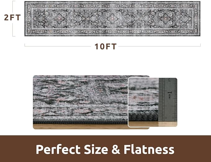 AMOAMI-2X10 Runner Rug-Washable Runners for Hallways-Soft Non Slip Bedside Rugs for Bedroom-Vintage Long Rug for Hallways Entryway Laundry Room Stair Kitchen Bathroom Dark Grey & Black