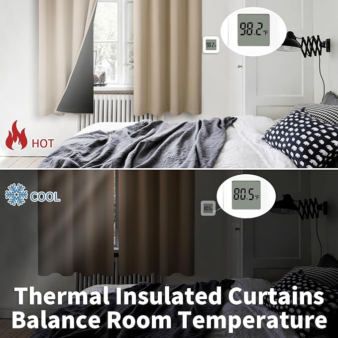 BGment Thermal Insulated 100% Blackout Curtains for Bedroom with Black Liner, Double Layer Full Room Darkening Noise Reducing Grommet Curtain (52 x 108 Inch, Sand, 2 Panels)