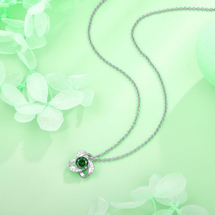 18K Gold Plated Love Knot Necklace for Women, 925 Sterling Silver Round cut Birthstone Pendant Necklace With Chain Lucky Flower Jewelry Gift