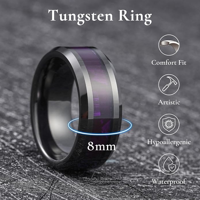 King Will Black Tungsten Wedding Band For Men, 8mm Promise Ring Inlay Red Twill Pattern/Colorful Wood Chips, High Polished Beveled Edge - Suitable For Daily Wear, Comfort Fit Size 7-14