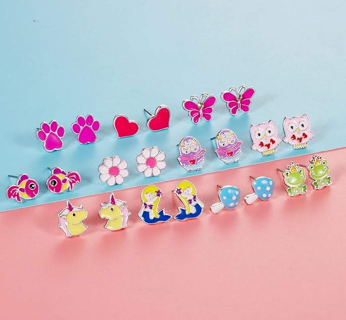 33 Pairs Stainless Steel Cartoon Earrings for Girls - Hypoallergenic Colorful Stud Earing Set, Mix & Match Cute Earring for Teens, Kids, Doll Dressup Accessories