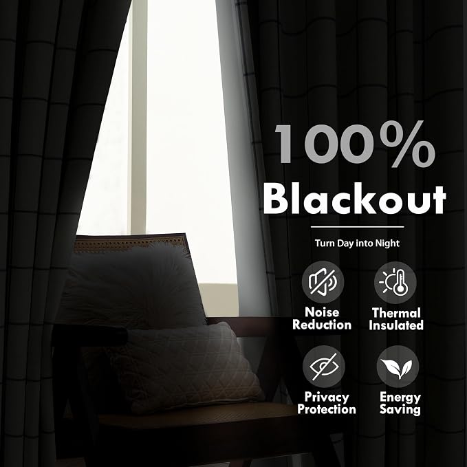 DriftAway 100% Blackout Plaid Linen Curtains 108 Inches Long 2 Panels Gray | 100% Blackout, Linen Texture, Plaid Pattern, Two Layers, Rod Pocket & Back Tab, Bedroom Living Room Use, Luxury Appearance