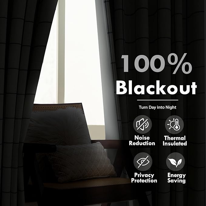 DriftAway 100% Blackout Plaid Linen Curtains 96 Inches Long 2 Panels Gray | 100% Blackout, Linen Texture, Plaid Pattern, Two Layers, Rod Pocket & Back Tab, Bedroom Living Room Use, Luxury Appearance