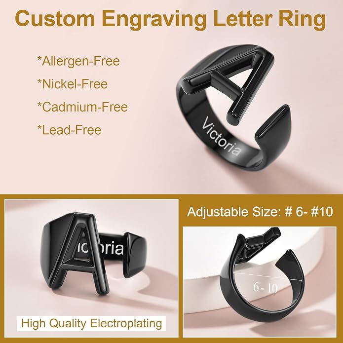 KeyStyle Bold Initial Letter Rings Adjustable, GoldChic Jewelry Women Gold Statement Ring Personalized Engraved Women’s Open Signet Ring for Party (Gold, White Gold, Black)