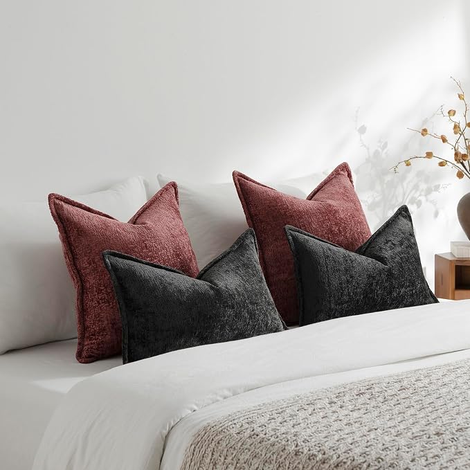 DEZENE Pack of 2 Christmas Burgundy Fall Decorative Throw Pillow Covers 22x22 Cozy Soft Chenille Accent Vintage Square Couch Pillow Covers for Home Decor Bed Sofa Living Room