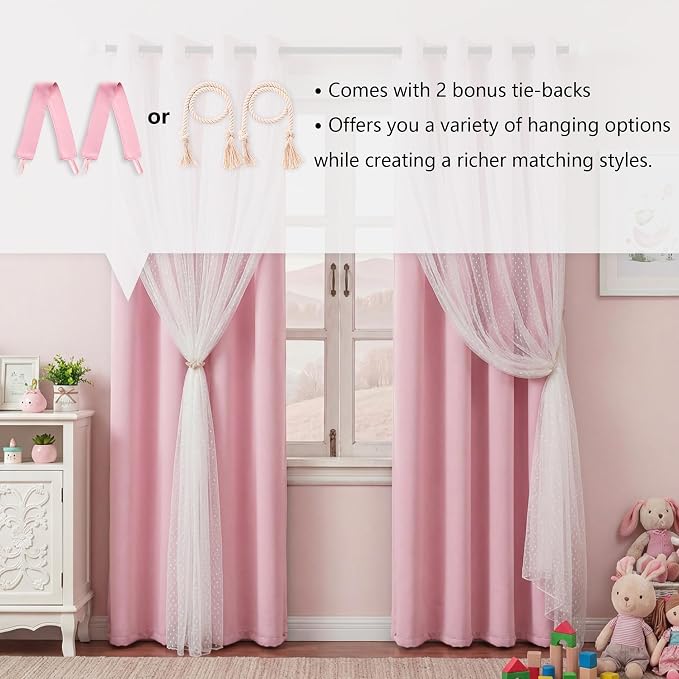MYSKY HOME Light Pink Blackout Curtains for Girls Bedroom with Polka Dots Sheer Overlay Baby Pink Nursery Kids Room Drapes, Grommet Tops, 52" x 95", 2 Panels