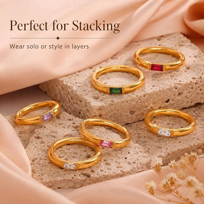 Birthstone Rings for Women, 18K gold plating stainless steel Dainty Stackable Rectangular Cubic Zirconia Birth Stone Ring To My Daughter/Mom Birthday Unique Gifts Jewelry