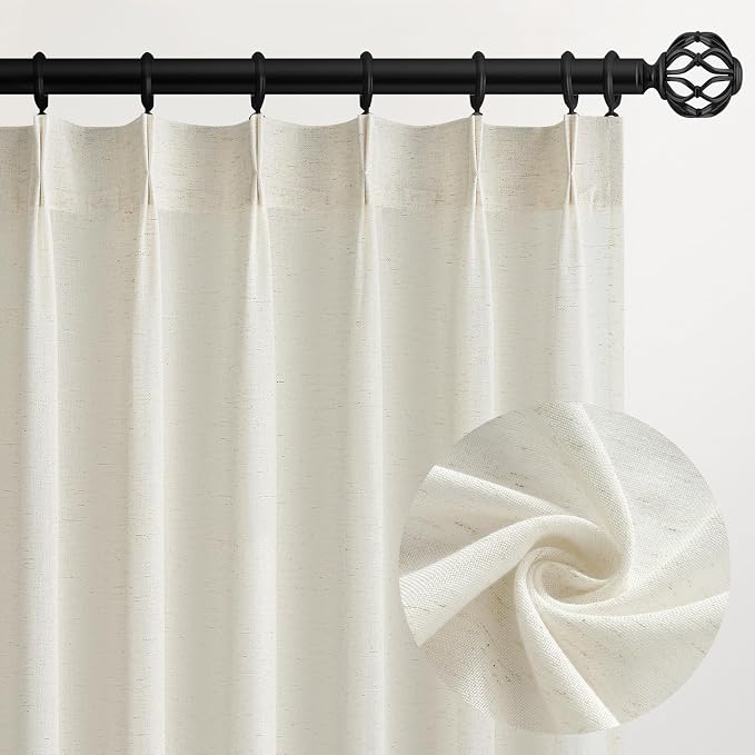 Topfinel 108 Inch Pinch Pleated Linen Curtains 2 Panels,Natural Semi Sheer Curtains with Pleated Hooks Back Tab for Track System,Extra Long 9ft Curtain for Living Room Bedroom,40x108,Natural