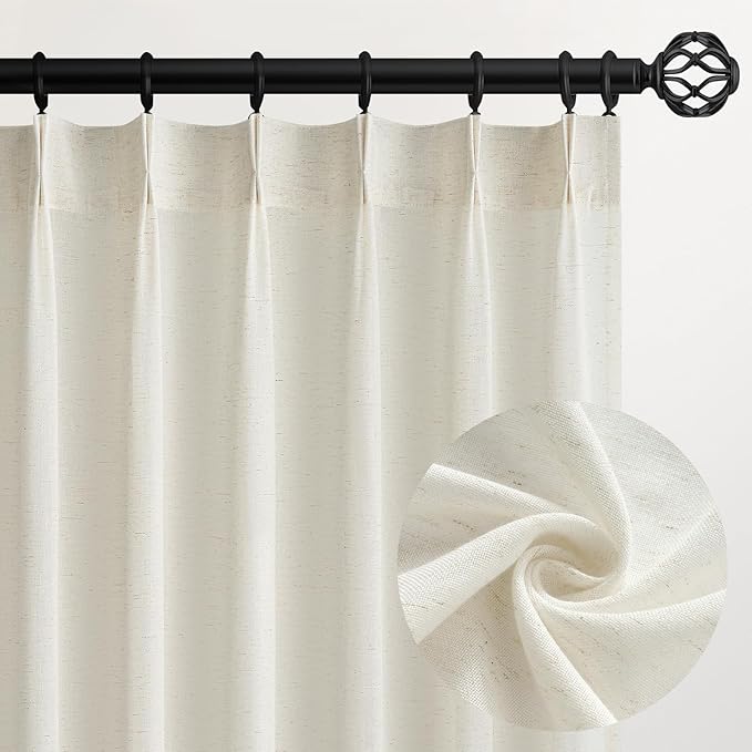 96 Inches Long Pinch Pleated Semi Sheer Curtains,Natural Linen Blended Light Filtering Window Curtains 96 Length 2 Panels for Living Room Bedroom Pinch Pleat Drapes with Hooks 2 Panels 40" Wx96 L