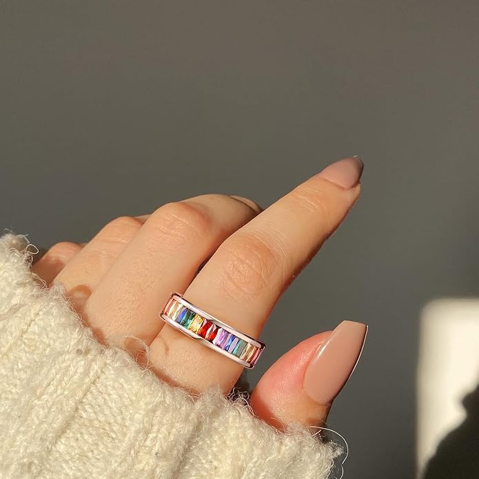 King Will 6mm 316L Stainless Steel Eternity Ring for Women, Colorful Baguette-Cut Cubic Zirconia Stackable Band, Pipe Cut Anniversary Engagement Ring Comfort Fit, Size 6-10