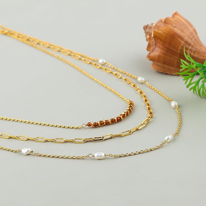Beads With Pearl 3 Layered Necklaces for Women 14k Gold Plated Dainty Stackable Choker Necklaces for Women Trendy Layering, Cuban Link, Paperclip Chain, For Women Gifts