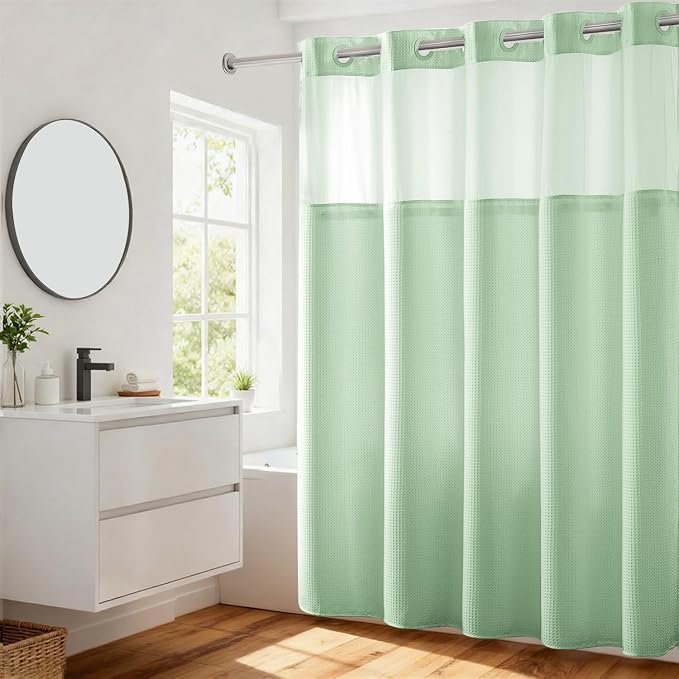 River Dream Heavyweight No Hooks Required Dotted Waffle Weave Shower Curtain with Snap in Liner - 71W x 74H,Hotel Grade,Spa Like Bath Curtain,Green Light