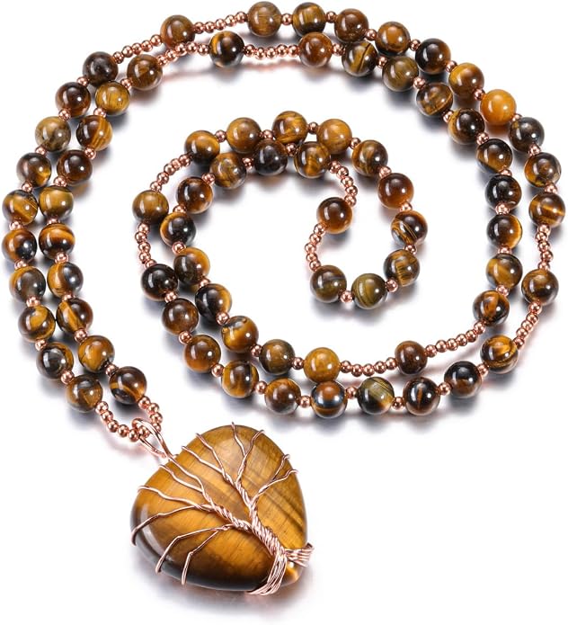 Top Plaza Healing Crystal Amethyst Necklace Natural Stone Beads Life Tree Wire Wrapped Teardrop Gemstone Pendant Jewelry for Women Mom