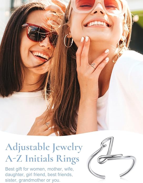SILVERCUTE S925 Initial Rings, Adjustable Size 6-12 Statement Alphabet Letter A-Z Jewelry Personalized Twisted Initials Rings Sterling Silver Stacking Ring for Women