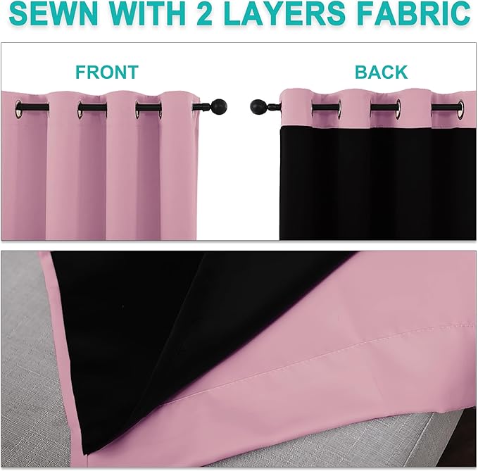 NICETOWN 100% Blackout Short Curtains with Black Liners, Solid Thermal Insulated Full Blackout 2-Layer Lined Drapes, Energy Efficiency Window Drapes for Bedroom (2 Panels, 37"W by 84"L, Crystal Pink)