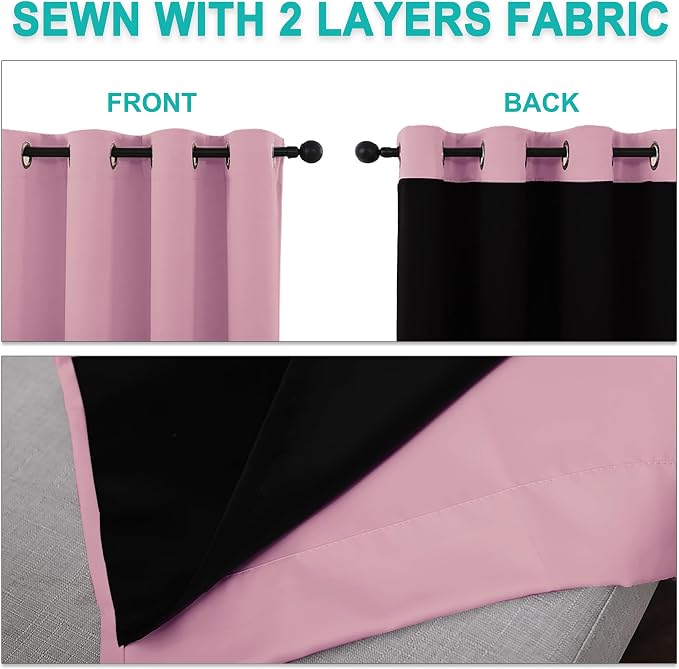 NICETOWN 100% Blackout Blinds, Set of 2, 52 inches x 102 inches, Laundry Room Decor Window Treatment Curtains for Large Patio Sliding Door, Thermal Insulated Crystal Pink Curtains for Bedroom