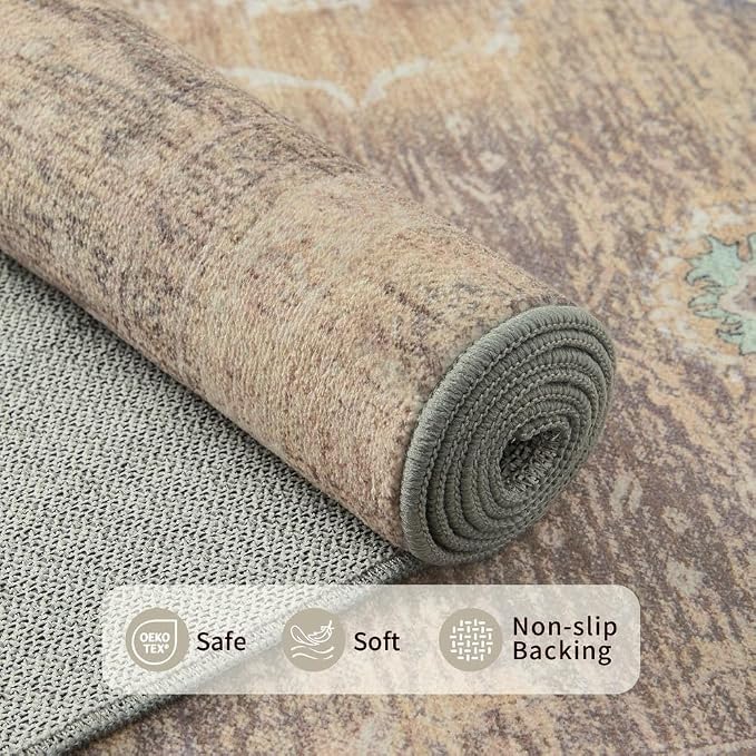 Rugxara Beige 6x9 Area Rugs Washable Rug for Living Room Dining Bedroom | Non Slip, Rug for Office Farmhouse Kids Room, Stain Resistant, Soft, Low Pile, Vintage Boho Floral Retro Carpet, Home Decor