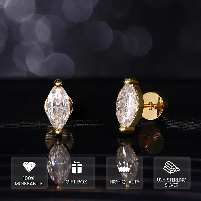 GEMQUEEN Moissanite Earrings Studs Flat Back Earrings Hypoallergenic - 14K Gold Plated Sterling Silver Earring for Women Men Small Dainty Cartilage Helix Piercing Jewelry D Color VVS1