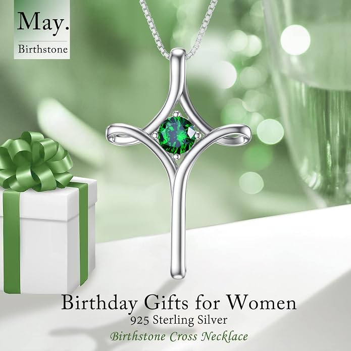 TOUPOP Cross Necklace for Women 925 Sterling Silver Birthstone Cross Pendant Fine Jewelry Anniversary Birthday Mothers Day Gifts for Mom Wife Her