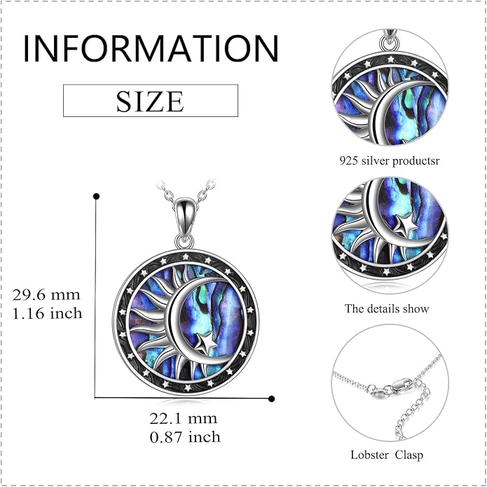 Moon Sun Star Necklace 925 Sterling Silver Abalone Shell Celestial Jewelry Gift for Women