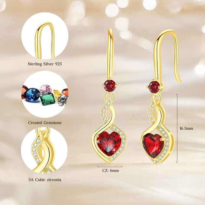 FANCIME Heart Infinity Dangle Drop Earrings 925 Sterling Silver Heart Gemstone Birthstone Earring
