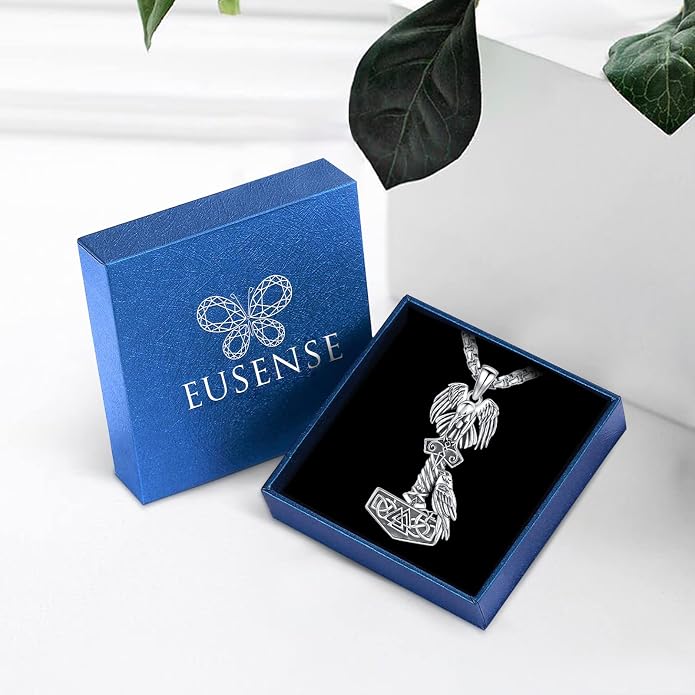 Eusense Viking Jewelry for Men Women Sterling Silver 925 Mjolnir Thors Hammer Pendant Celtic Cross Necklace Wolf Odin Raven Freya Goddess Norse Pagan Compass Vegvisir Yggdrasil Nordic Viking Necklaces Gifts