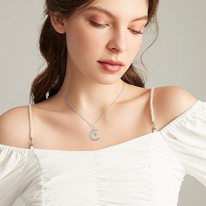 TRISHULA Moon Star Necklace, 925 Sterling Silver Crescent Moon Sun Pendant with Moonstone Crescent Jewelry Gift for Her Sister Birthday Christmas
