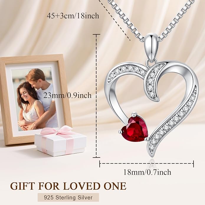 Love Heart Necklace for Women, 925 Sterling Silver Cubic Zirconia Birthstone Heart Pendant Jewelry Gift for Mom, Mother, Wife, Girlfriend on Birthday, Mother's Day, Chain 18 inch