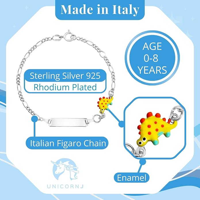 UNICORNJ 925 Italy Sterling Silver Child or Baby Name Bracelet Girls Boys, Personalized Engraved Kids ID Bracelets, 6.5" Figaro Chain, Enamel Charm Newborn Infant Toddler Kid Jewelry