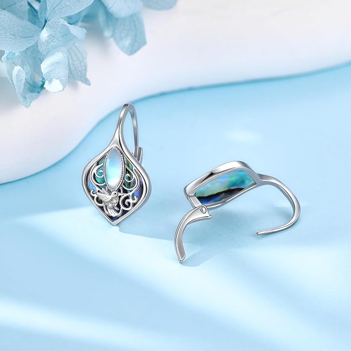 Moonstone Abalone Shell Earrings 925 Sterling Silver Dragonfly/Hummingbird/Butterfly/Lotus/Filigree Hoop Leverback Earrings Jewelry Gifts for Women