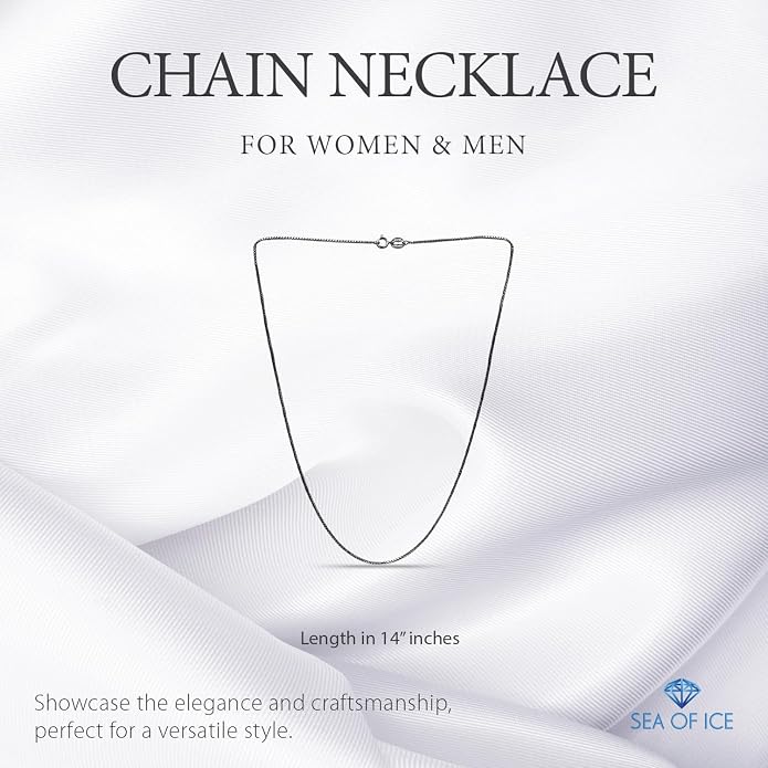 SEA OF ICE Chain Necklace 925 Sterling Silver with Ring Clasp Closure, Italian Box Necklace Chain Necklace for Women & Men, Available in Gold, Rose Gold, Silver, and Black Rhodium, Multisize