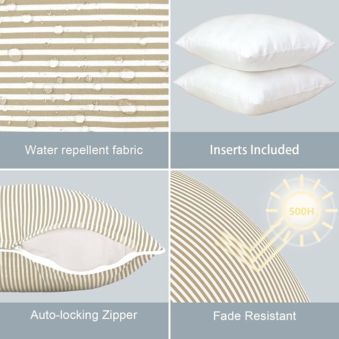LVTXIII Outdoor/Indoor Throw Pillows, Decorative Patio Accent Pillows, Fluffy Water Repellent Garden Cushions for Home Patio Coach Sofa Use, 16×16 Inch, Pack of 2, Strip Beige