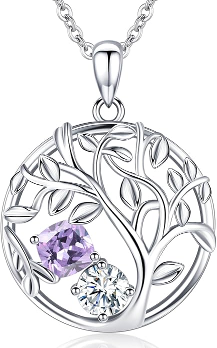 Tree of Life Birthstone Necklace for Women 925 Sterling Silver Birthstone Pendant 12 Months Necklaces with Zircon Birthday Gifts for Women, Mom, Grandma Cable Chain 18"+2"