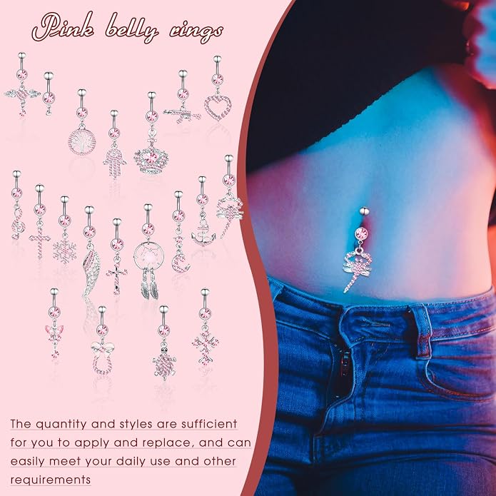 Junkin 20 Pcs 14G Dangle Belly Button Ring, Dangling 316L Surgical Navel Rings Cubic Zirconia Belly Piercing Jewelry