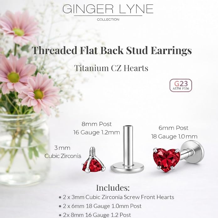 Titanium Heart CZ Labret Stud Earrings for Piercings by Ginger Lyne 6Pc Set G23 Screw Front Flat Back Body Jewelry 2 pair post 6mm, 8mm Cartilage, Helix, Tragus, Lip, Conch, Lobe