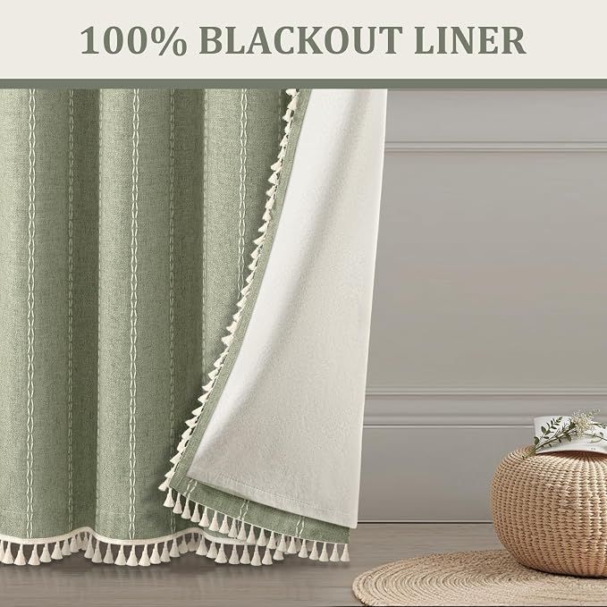 Green Boho Blackout Curtains 2 Panels 84 Inch for Living Room Bedroom, Linen Texture Farmhouse Curtains with Tassels and White Cotton Embroidery Vintage