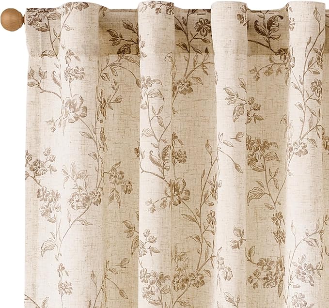 Lazzzy Taupe Floral Linen Curtains 63 Inch Farmhouse Back Tab Drapes for Living Room Bedroom Light Filtering Vintage Grandmillennial Rod Pocket Curtains, 2 Panels, W38 x L63, Taupe on Beige