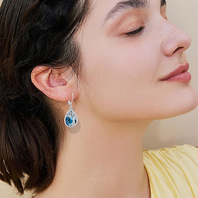 Odinstone 925 Sterling Silver Earrings Tree of Life Teardrop Moonstone Dangle Drop Leverback Earrings for Women