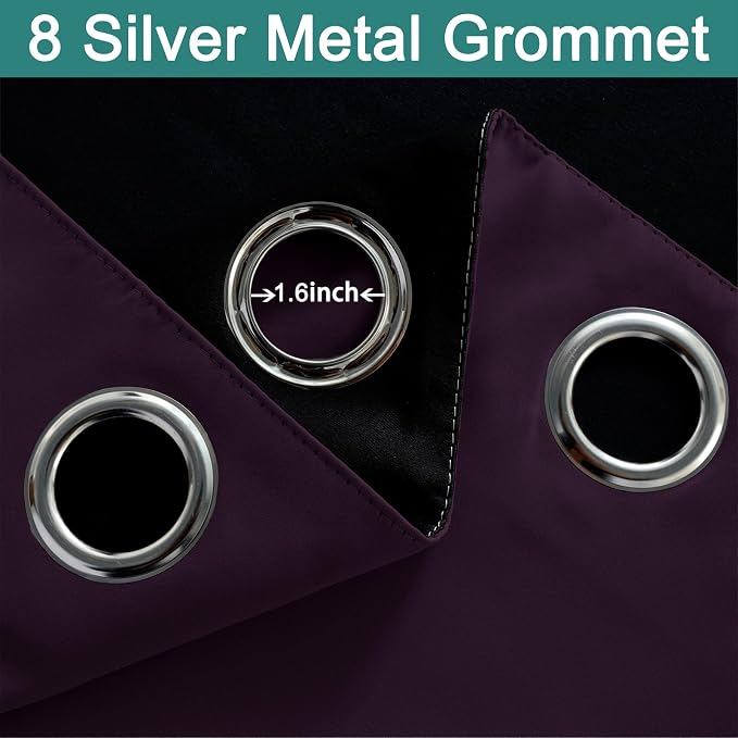 Yakamok Dark Purple 100% Blackout Curtains 96 Inches Long 52" Wide 2 Panels | Blackout Curtain Panels for Bedroom, 2 Thick Layers Grommet Top Thermal Insulated Drapes with Black Liner for Living Room