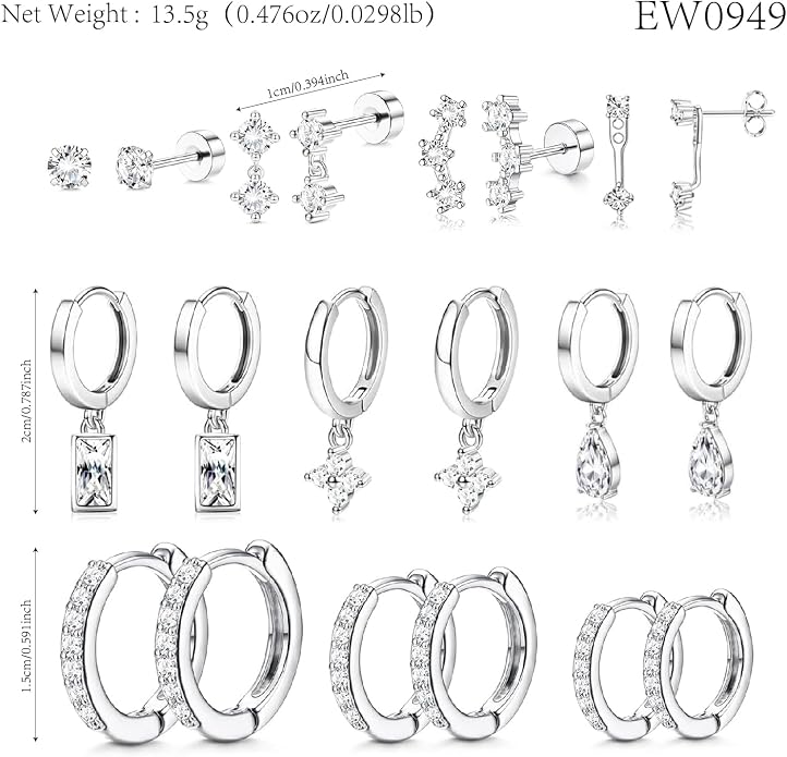 Stainless Steel Stud Earrings Set for Women Hypoallergenic Flat Back Cartilage Earrings Screw Back Huggie Hoop Earrings Multiple Piercing Cubic Zirconia Helix Tragus Jewelry