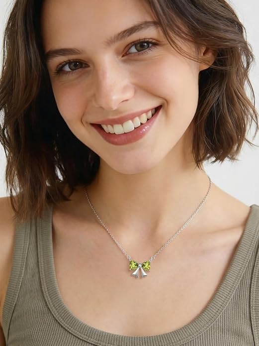 ChicSilver Bow and Cat Birthstone Necklace, 925 Sterling Silver Pendant Necklaces for Women, Hypoallergenic Silver Choker with 16 inch Rolo Chain, 12 Months Jewelry for Valentines Mothers Day Christmas