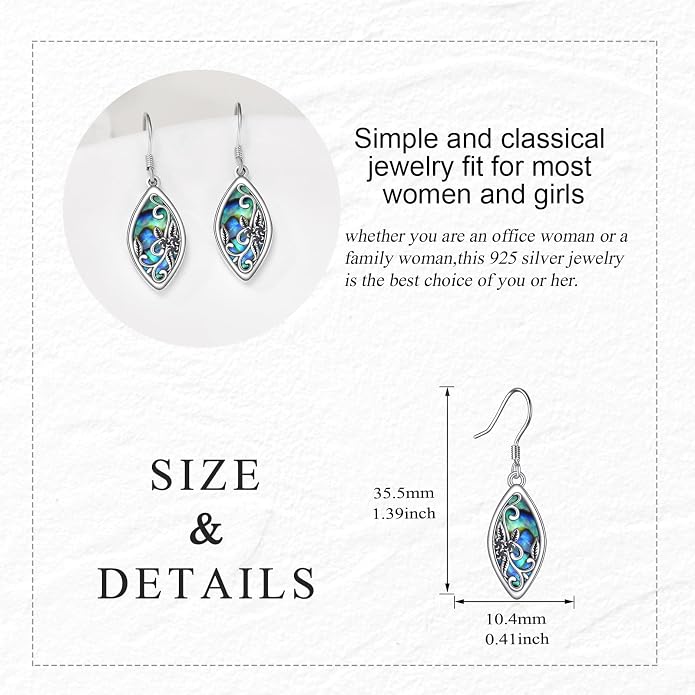 Abalone Shell Dangle Drop Earrings for Women 925 Sterling Silver Filigree Bohemian Earrings Jewelry Gift