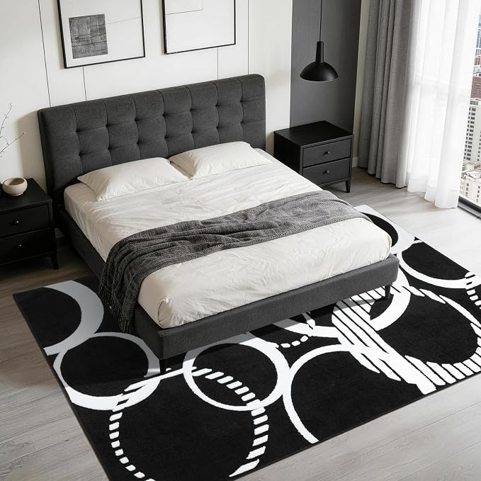 YIHOUSE Washable Black and White Living Room Rug 6x9 Area Rugs Non Slip | High and Low Pile Soft Rugs for Bedroom Dining Room, Soft Modern 3D Textured Carpet for Playroom Home Office Decor
