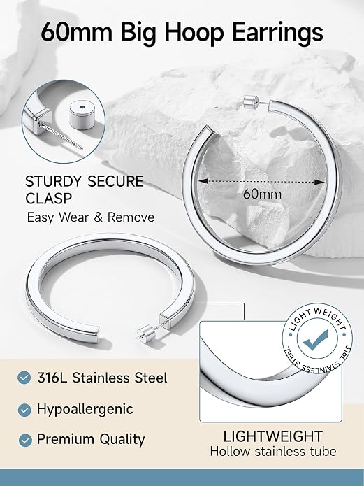 Stainless Steel Chunky Hoop Earrings For Women, Minimalist and Chic, Black/Gold Plated, Round Hoops Earrings Hypoallergenic, Size: 30mm/40mm/60mm/80mm, Come with Box