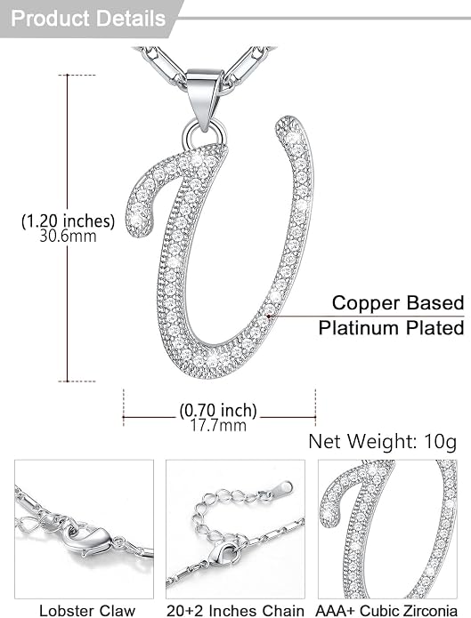 U7 Initial Necklace for Women, Gold/Platinum Plated CZ Crystal Letter A-Z Pendant Necklace, Shiny 20 Inch Name Chain Dainty Personalized Jewelry for Men Mom Wife Friend
