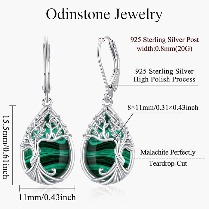 Odinstone 925 Sterling Silver Earrings Tree of Life Teardrop Moonstone Dangle Drop Leverback Earrings for Women