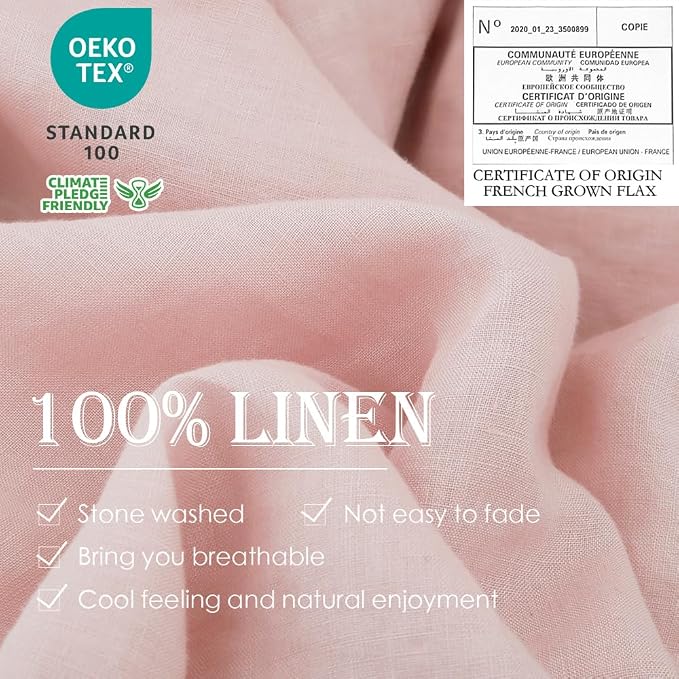 Simple&Opulence 100% Linen Duvet Cover Set 2pcs Basic Style Natural French Washed Flax Solid Color Soft Breathable Farmhouse Bedding with Button Closure - Blush Pink, Twin