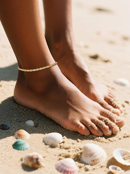 FOCALOOK 14K Gold Plated Anklets for Women Waterproof Plus Size Ankle Bracelet 8.5-10.5 Inch Adjustable Mariner/Figaro/Flat Snake/Cuban Link Chain Anklet Jewelry for Summer Beach Holiday